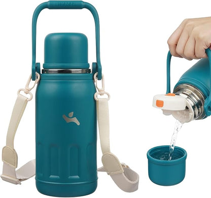 Insulated Water Bottle with Handle and Strap,Vacuum Travel Tumbler with Cup Lid,Thermo Coffee Cup for Hot Cold Drinks 27 OZ,Lake Blue