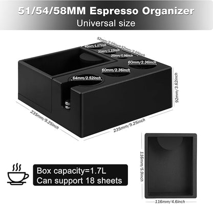 PUSEE Espresso Knock Box & Tamp Station, 9 in 1 Espresso Organizer, Fit 51,54,58MM Tamper, Distributor, Portafilter & Puck Screen Accessories, Detachable Knock Box
