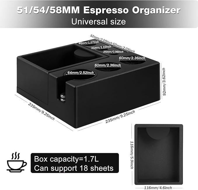 PUSEE Espresso Knock Box & Tamp Station, 9 in 1 Espresso Organizer, Fit 51,54,58MM Tamper, Distributor, Portafilter & Puck Screen Accessories, Detachable Knock Box