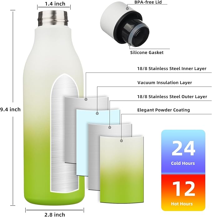 BJPKPK Insulated Water Bottles, 18 oz Stainless Steel Metal Water Bottle with Strap, BPA Free Leak Proof Jugs, Mugs, Flasks, Reusable Thermal Flasks for Sports & Travel, Elegant Green