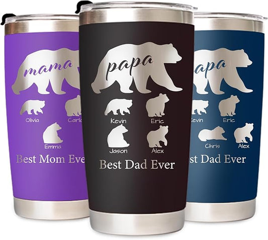 Personalized Tumbler with Mama Bear - Custom Coffee Mug Cup 20 Oz with Lid - Customized Christmas Gifts for Dad Mom - Birthday Gifts for Dad Mom (Mama/Papa-Bear)