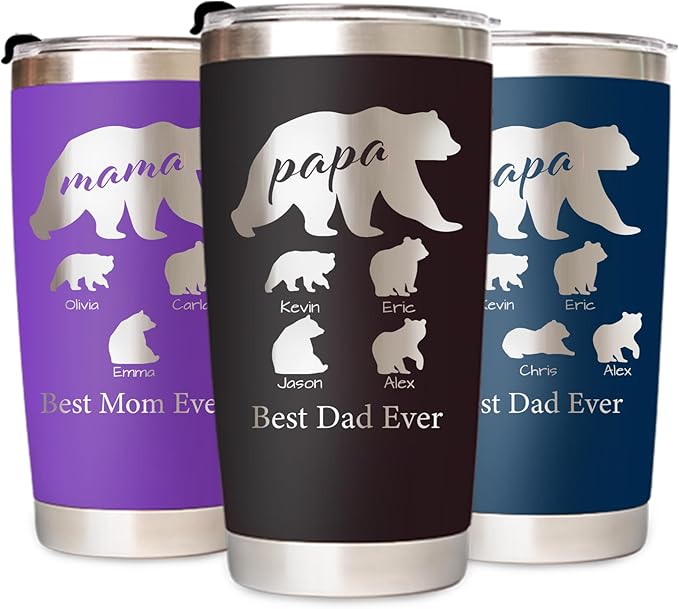 Personalized Tumbler with Mama Bear - Custom Coffee Mug Cup 20 Oz with Lid - Customized Christmas Gifts for Dad Mom - Birthday Gifts for Dad Mom (Mama/Papa-Bear)