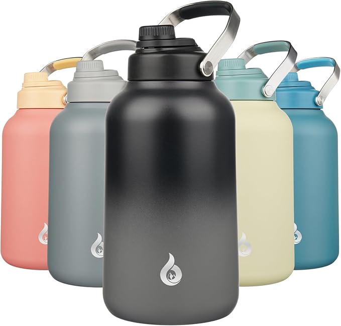 BJPKPK 1 Gallon Water Bottle Insulated, Dishwasher Safe 128oz Large Water Jug with Metal Handle & BPA Free Spout Lid, Stainless Steel Metal Thermo for Gym, Sports & Hiking, Black Grey