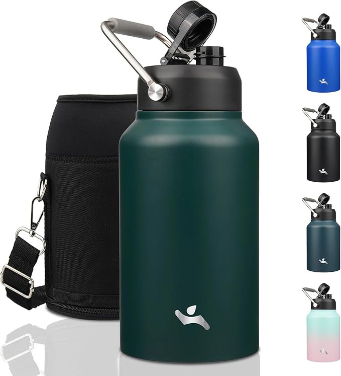 Jug with Handle,87 oz Insulated Water Bottle with Carrying Pouch, Double Wall Vacuum Stainless Steel Metal Bottle,Dark Green