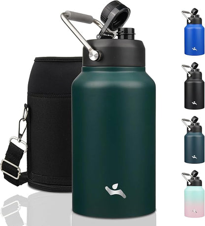 Jug with Handle,87 oz Insulated Water Bottle with Carrying Pouch, Double Wall Vacuum Stainless Steel Metal Bottle,Dark Green