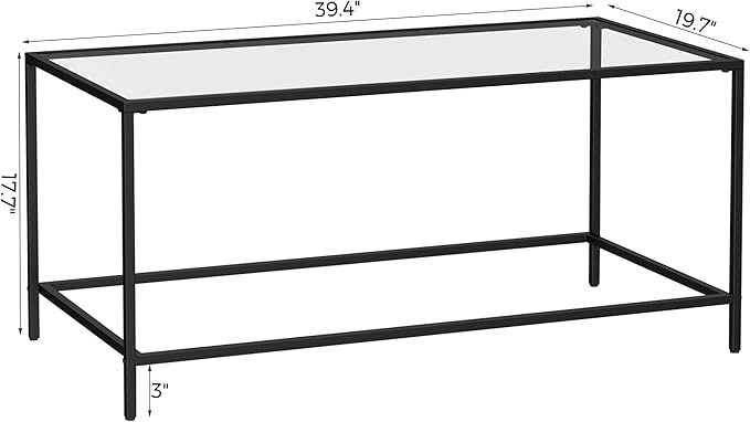 Glass Coffee Table, Modern Rectangular Coffee Table for Living Room, Minimalist Center Tea Table with Sturdy Metal Frame for Apartment, Office, Easy Assembly, 39.4 x 19.7 x 17.7 Inches, Black