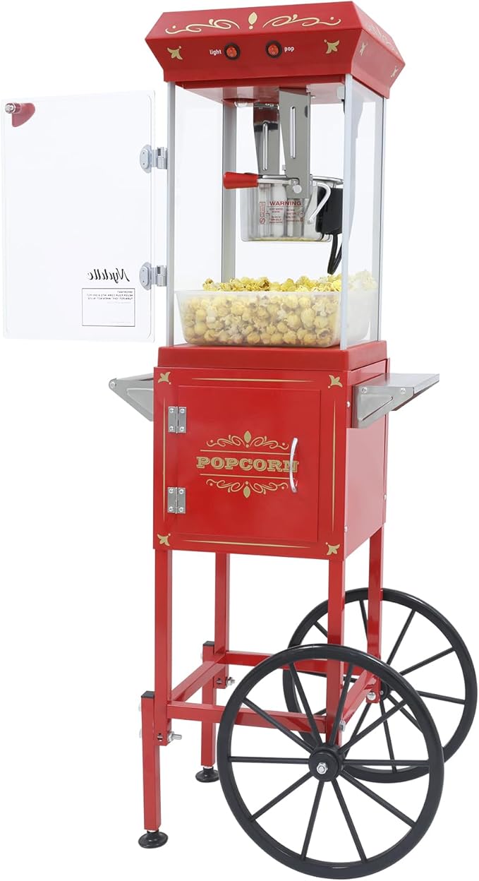 Popcorn Machine Maker With 8 Oz Kettle Makes Up to 32 Cups Popcorn Machine Cart Vintage-Style Popper on Wheels Popcorn Machines for Home (Red)