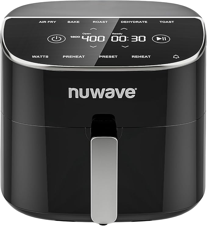 Nuwave Brio Plus 8 Qt Air Fryer, PFAS Free, New & Improved, Digital Touch Screen, Cool White Display, 50°F~400°F in Precise 5°, 5 Cook Functions, 100 Presets & 50 Memory, 3 Wattages 700, 1500, 1800