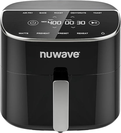 Nuwave Brio Plus 8 Qt Air Fryer, PFAS Free, New & Improved, Digital Touch Screen, Cool White Display, 50°F~400°F in Precise 5°, 5 Cook Functions, 100 Presets & 50 Memory, 3 Wattages 700, 1500, 1800