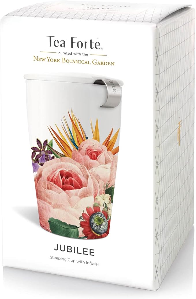 Tea Forte Jubilee Double-Walled Ceramic Kati Cup with Removable Stainless Steel Infuser Basket and Lid, Steeps 12 oz Loose Leaf Tea, Lid and Cup Dishwasher & Microwave Safe