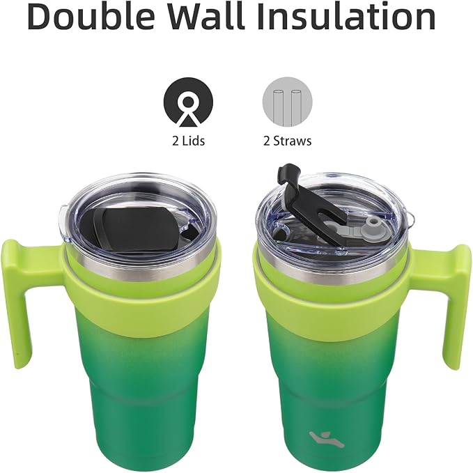 20 oz Tumbler with Handle and 2 Straw 2 Lid, Insulated Water Bottle Stainless Steel Vacuum Cup Reusable Travel Mug,Matcha Green