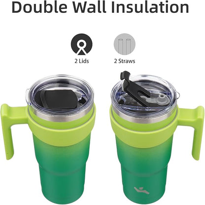 20 oz Tumbler with Handle and 2 Straw 2 Lid, Insulated Water Bottle Stainless Steel Vacuum Cup Reusable Travel Mug,Matcha Green