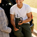 Load image into Gallery viewer, 40oz Black Stainless Steel Tumbler with Handle &amp; Straw Lid – Insulated Travel Mug for Hot &amp; Cold Drinks – Gift for Men &amp; Women – Durable Leak-Proof Reusable Cup, Cupholder Friendly