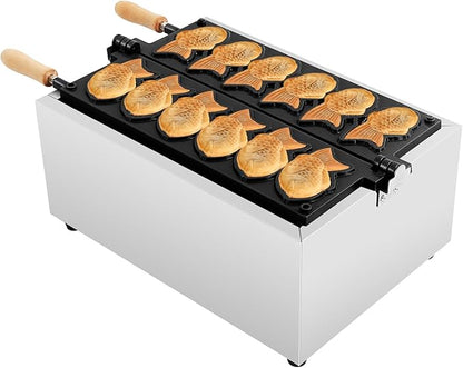 Taiyaki Fish Waffle Maker, 6PCS Electric Fish-Shaped Mold Baker 2400W Stick-Resistent Stainless Steel Commercial Waffle Iron Baker Machine for Restaurant Cafe Snack Shop Food Stall