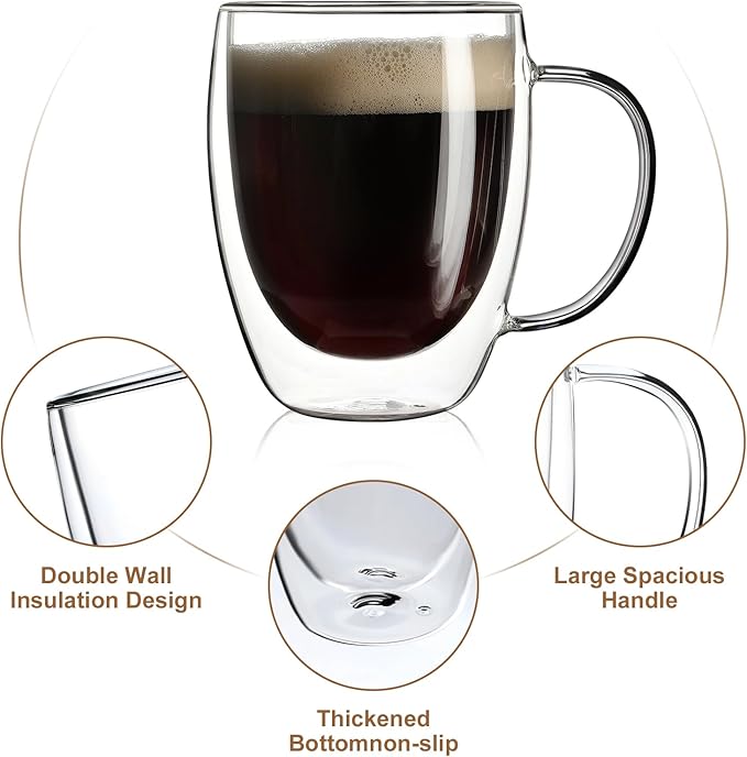 Aurzen 2 Pack Double Walled Glass Coffee Mugs with Handles, Large Insulated Layer Coffee Cups, 12oz Clear Borosilicate Mugs, Perfect for Cappuccino, Tea, Microwave Safe