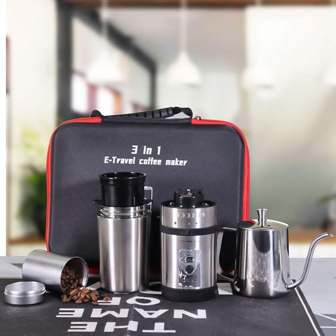 SOTECH Outdoor Camping Coffee Maker Set 3 in 1 Grinder Kit with Stainless Steel Electric Bean Grinder 350ml kettle Travel Coffee Kit(Pour Over Coffee Dripper Set Traveling Fishing)