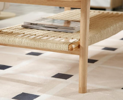 chairus Farmhouse Coffee Table Rectangular Living Room Table with Rattan Storage Solid Wood Center Table for Apartment, Home, Office, Natural