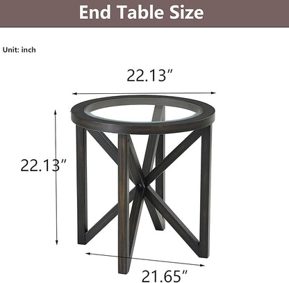 End Table Living Room Sofa Side Table Modern Simple Round Transparent Tempered Glass Top and Wood Base, Office Terrace Study Accent End Table, Black Brown