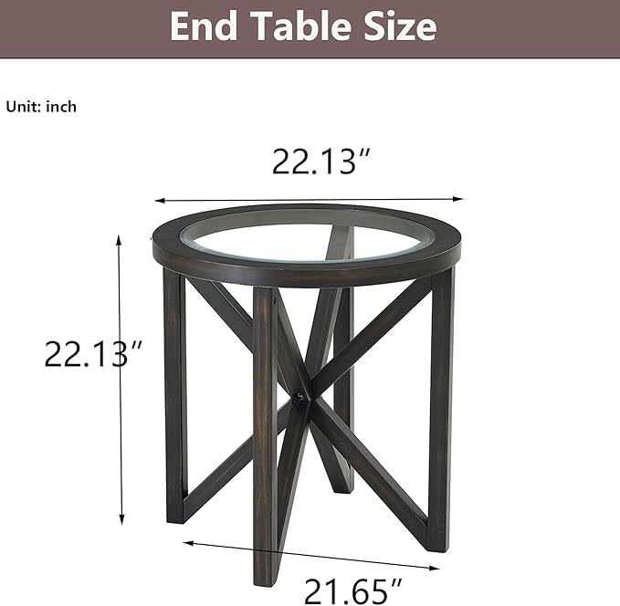 End Table Living Room Sofa Side Table Modern Simple Round Transparent Tempered Glass Top and Wood Base, Office Terrace Study Accent End Table, Black Brown