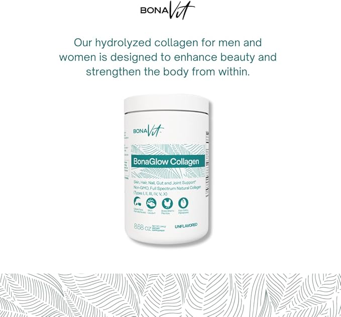 BonaGlow - Hydrolyzed Collagen Types I, II, III, IV, V, X - Premium Blend - 24 Servings - with Vitamin C, Digestive Enzymes - Sugar-Free, Non-GMO, Paleo-Friendly - Skin, Hair, Nails.