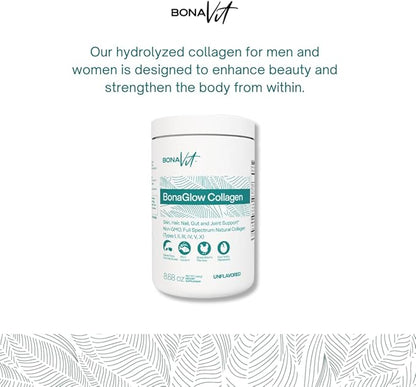 BonaGlow - Hydrolyzed Collagen Types I, II, III, IV, V, X - Premium Blend - 24 Servings - with Vitamin C, Digestive Enzymes - Sugar-Free, Non-GMO, Paleo-Friendly - Skin, Hair, Nails.