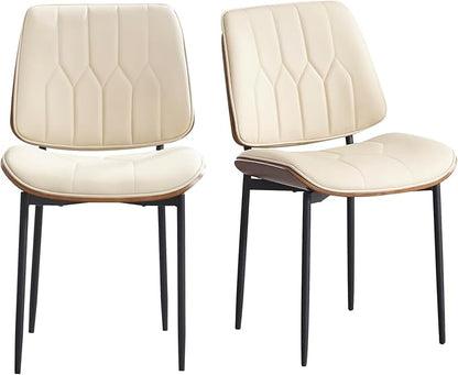 BV Mid Century Modern Dining Chairs Set of 2, Upholstered Pu Leather Accent Chair with Walnut Bentwood Back, Armless Kitchen Retro Chair for Dining Room, Living Room, Kitchen, Beige