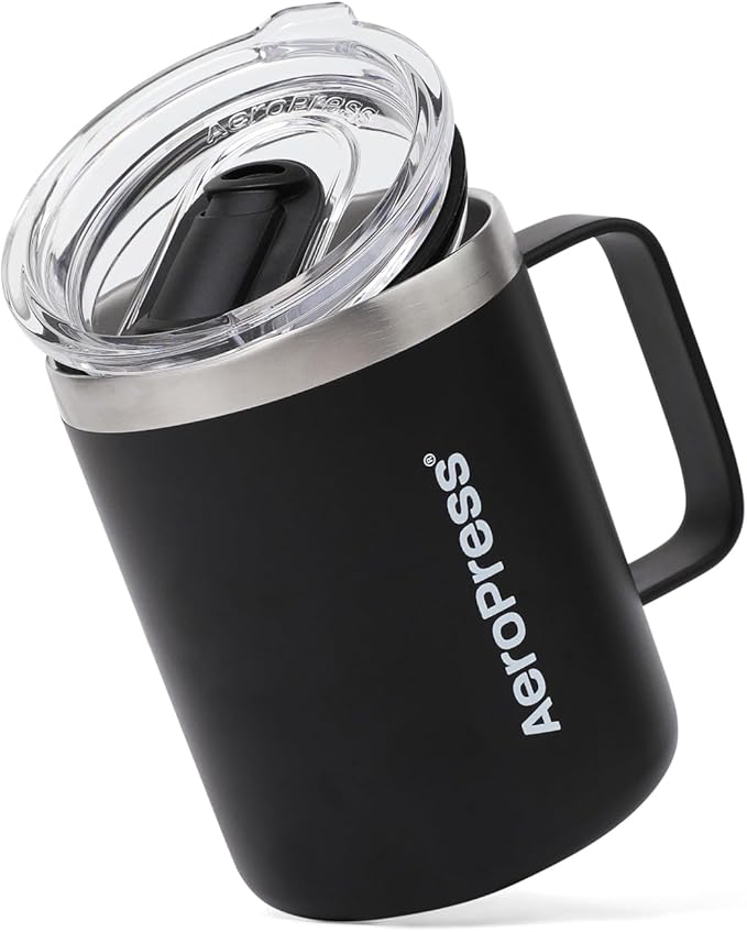 AeroPress Travel Coffee Mug with Handle, Double-Wall Vacuum Insulated Stainless Steel with Splash-Resistant Slider Lid, Compatible for Hot or Cold Drinks, Dishwasher Safe, 12 oz, Black