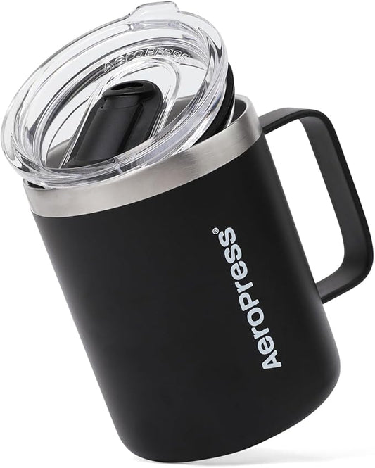 AeroPress Travel Coffee Mug with Handle, Double-Wall Vacuum Insulated Stainless Steel with Splash-Resistant Slider Lid, Compatible for Hot or Cold Drinks, Dishwasher Safe, 12 oz, Black