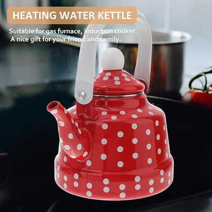 DOITOOL Vintage Tea Kettle 1.1 L Enamel Tea Kettle with Handle, Stove Top Water Kettle Coffee Tea and White Polka Dot with Stainless Steel Filter for Home Kitchen