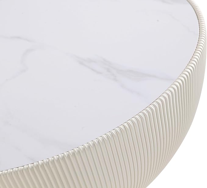 Manhattan Comfort Modern Anderson Coffee Table, 1.0 & 2.0 End Table, Upholstered in Cream Leatherette with Ceramic Faux Tabletop and Gold Metal Tabletop- Set of 3