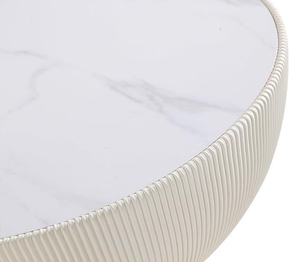 Manhattan Comfort Modern Anderson Coffee Table, 1.0 & 2.0 End Table, Upholstered in Cream Leatherette with Ceramic Faux Tabletop and Gold Metal Tabletop- Set of 3