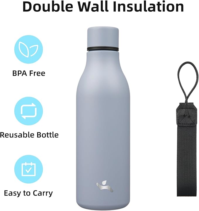 Insulated Water Bottle with Strap,18 oz Double Wall Stainless Steel Vacuum Bottles Metal Water Flask,Grey Blue
