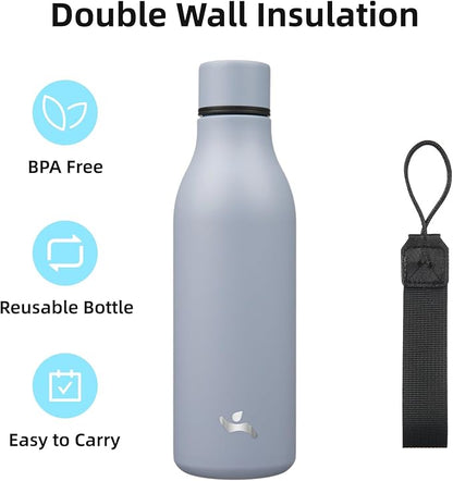 Insulated Water Bottle with Strap,18 oz Double Wall Stainless Steel Vacuum Bottles Metal Water Flask,Grey Blue