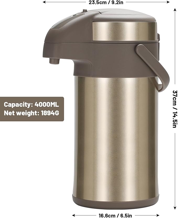 OJOJ 4L/133OZ Thermal Coffee Carafe with Pump, Thermal Beverage Dispenser, Coffee Airpot Stainless Steel Coffee Carafe for Hot Drinks Gold
