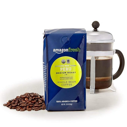 Amazon Fresh Organic Fair Trade Peru Whole Bean Coffee, Medium Roast, 12 Ounce (Pack of 3)