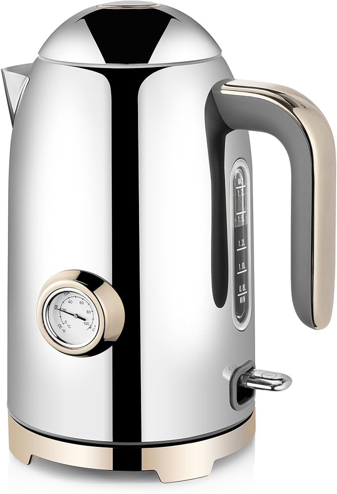 SUSTEAS Electric Kettle - 57oz Hot Tea Water Boiler with Thermometer, 1500W Fast Heating Stainless Steel Pot, Cordless LED Indicator, Auto Shut-Off & Boil Dry Protection, Silver