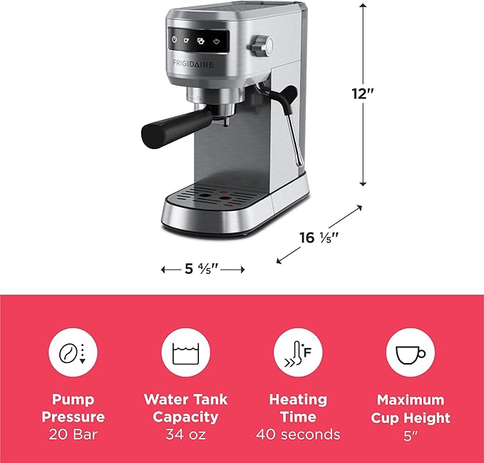 Frigidaire Steam Espresso Maker, Coffee Machine with Milk Frother & Cup Warmer, 20 Bar Pressure, 34 oz Removable Water Tank, Single or Double Shot, Stainless Steel
