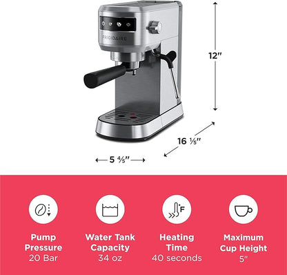Frigidaire Steam Espresso Maker, Coffee Machine with Milk Frother & Cup Warmer, 20 Bar Pressure, 34 oz Removable Water Tank, Single or Double Shot, Stainless Steel