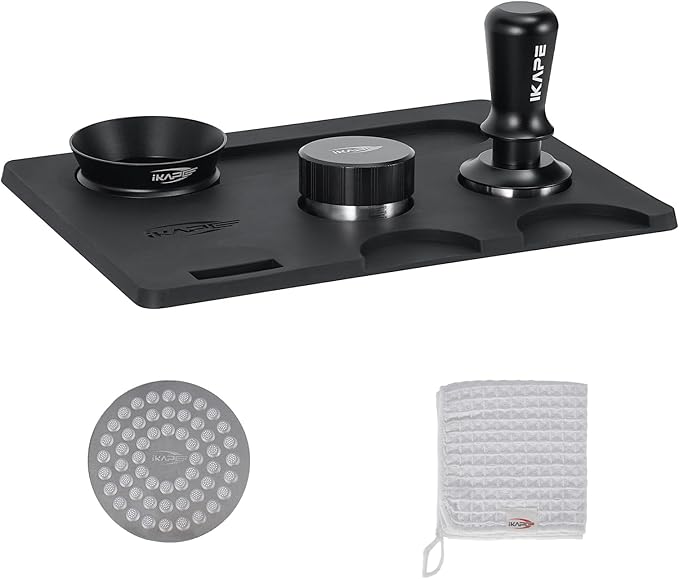IKAPE 53MM Coffee Tamper Set Black 6 IN 1, Espresso Tamper, Distributor, Magnetic Dosing Funnel, Silicone Mat, Puck Screen, Cleaning Towel