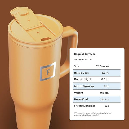 IRON °FLASK Co-Pilot Insulated Mug w/Straw & Flip Cap Lids - Cup Holder Bottle for Hot, Cold Drink - Leak-Proof- Water, Coffee Portable Travel Tumbler - Clementine, 40 Oz