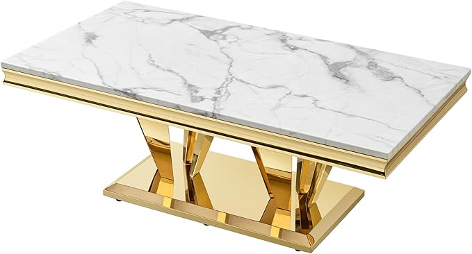 Marble Grain Coffee Table with Gold Stainless Steel Pedestal,Modern Coffee Tables,Rectangualr Living Room Table with Faux Marble Top & Luxury Legs,Imitaion Marble Grain Cocktail Center Table 51.18inch