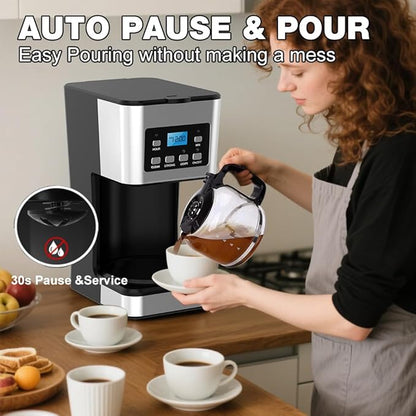 12-Cup Programmable Coffee Maker, Regular & Strong Brew Drip Coffee Machine for Home and Office, Glass Carafe, Pause & Serve, Auto Shut Off, Gray & Stainless Steel (Black)