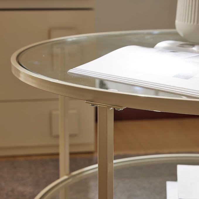 VINGLI Glass Coffee Table, 30" Round Coffee Table, Transparent Glass Coffee Tables for Living Room, 2-Tier Coffee Table with Storage, Modern Center Table with a Beige Frame, Mesa de Centro para Sala