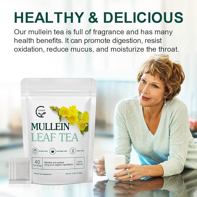 Mullein Leaf Tea Bags - Lungs Cleanse and Respiratory Support, Herbal Teas, Caffeine Free, 40 Tea Bags