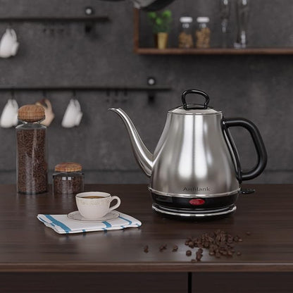 Electric Gooseneck Kettle, 1L 1500W Fast Boil, 100% Stainless Steel BPA Free Pour-Over Coffee & Tea Kettle, Water Boiler with Auto Shut & Boil-Dry Protection, Silver