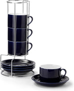 Load image into Gallery viewer, 5 Ounce Blue Porcelain Stackable Espresso Cups with Stainless Steel Holder, Set of 4, Durable Ceramic, Perfect for Home, Office or Gift
