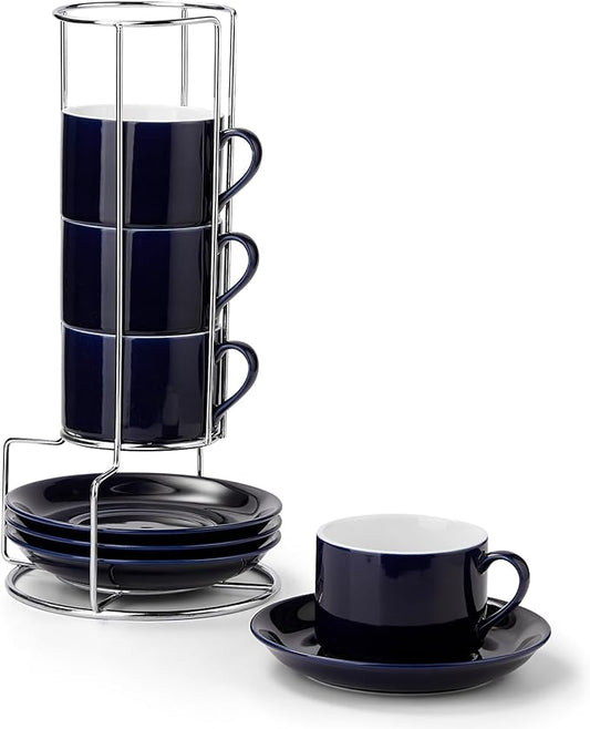 5 Ounce Blue Porcelain Stackable Espresso Cups with Stainless Steel Holder, Set of 4, Durable Ceramic, Perfect for Home, Office or Gift