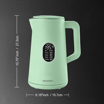 1.5L Electric Kettle Stainless Steel, Double Wall Cool Touch Teapot, Fast Boil,5 Temperature Control, LED Display, Auto Shut-Off,Keep Warm Function,Green