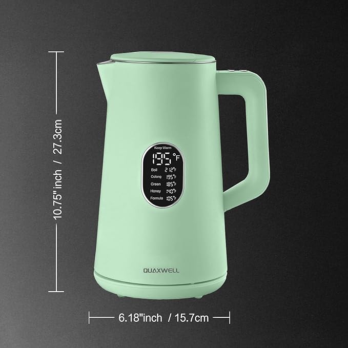 1.5L Electric Kettle Stainless Steel, Double Wall Cool Touch Teapot, Fast Boil,5 Temperature Control, LED Display, Auto Shut-Off,Keep Warm Function,Green