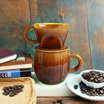Load image into Gallery viewer, Asayu Japan Ceramic Coffee Pour Over Maker Set in Caramel, Slow Brewing Paper Filter Holder and Dripper with 3 Holes for Coffee and Tea (Complete 2PCS Set)